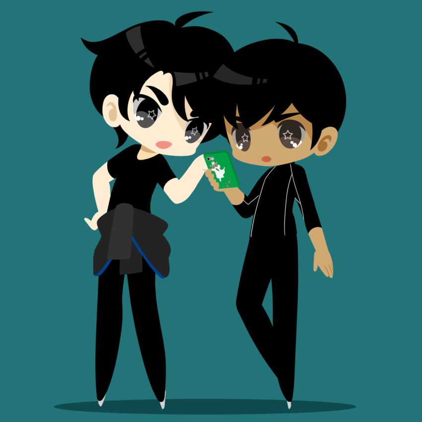 2boys :o ahoge black_hair black_pants cellphone clothes_around_waist dark_skin dark-skinned_male grey_eyes highres ice_skates kaorin_minogue lee_seung-gil male_focus multiple_boys pants phichit_chulanont phone shirt skates smartphone star-shaped_pupils star_(symbol) symbol-shaped_pupils t-shirt yuri!!!_on_ice