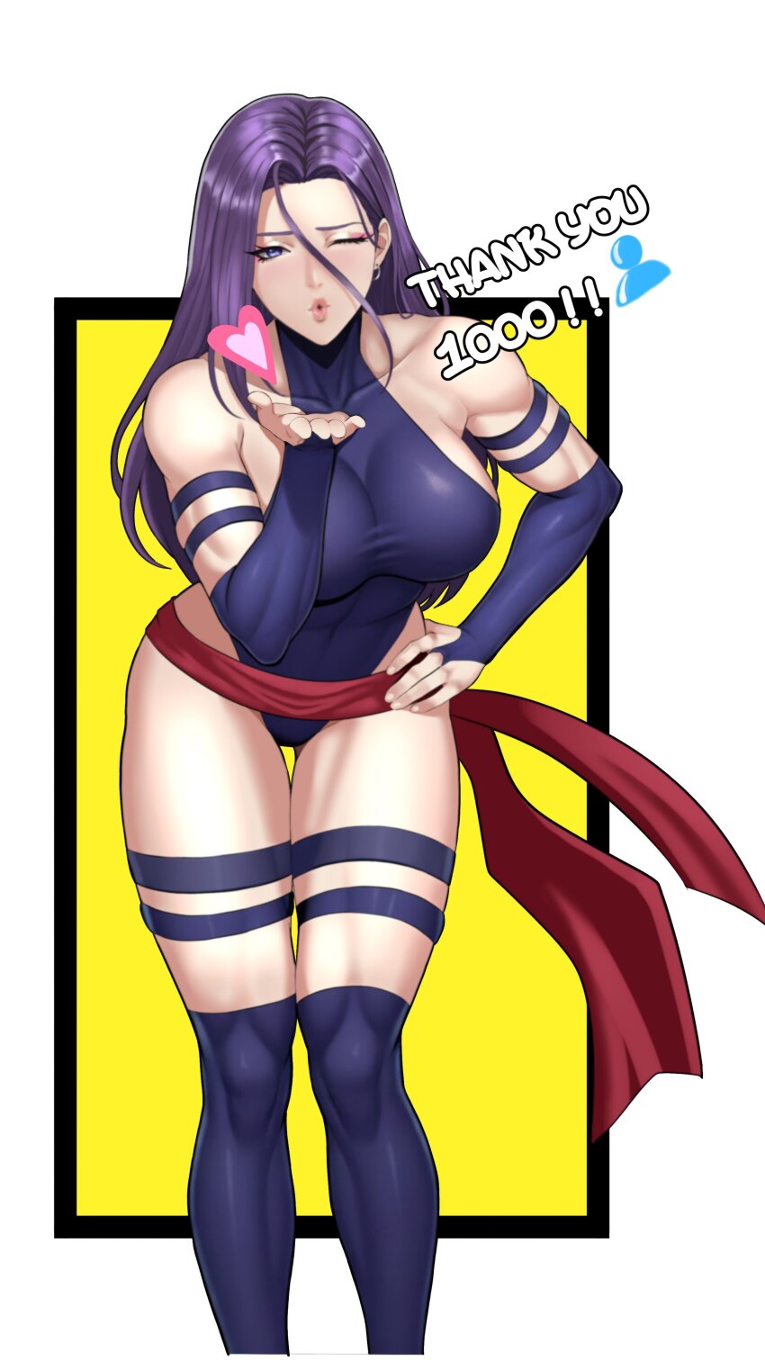 1girl absurdres breasts elbow_gloves gloves highleg highleg_leotard highres large_breasts leotard long_hair looking_at_viewer marvel one_eye_closed psylocke purple_eyes purple_hair sash solo superhero_costume thighhighs tsu.toxine x-men