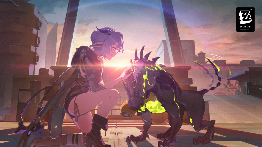 1girl absurdres black_boots blue_hair boots braid cloud ethereal_(zenless_zone_zero) game_cg goat_girl goat_horns highres horns long_hair lucia_elowen monster official_art on_one_knee orange_sky outdoors pointy_ears sky sunset tail tail_wagging thighs zenless_zone_zero