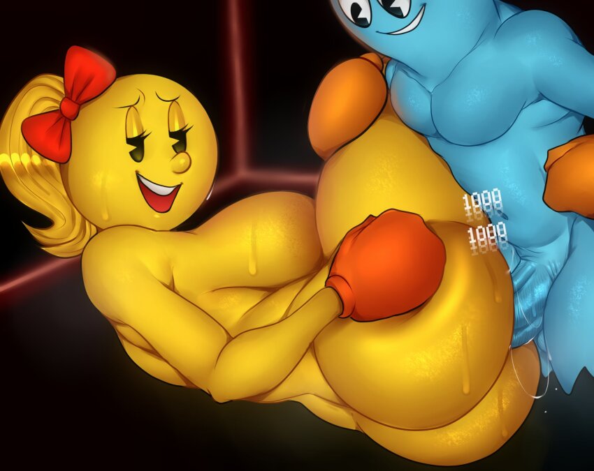 1boy 1girl afterimage blonde_hair blue_skin bow breasts cheating_(relationship) colored_skin curvy detnox gameplay_mechanics ghost hair_bow happy_sex hetero high_ponytail highres huge_breasts huge_nipples huge_penis inky_(pac-man) interspecies large_areolae long_hair looking_at_viewer lying maze mittens ms._pac-man muscular muscular_male nipples no_legs nude on_side pac-man_(game) pac-man_eyes penis personification ponytail pussy_juice red_bow red_mittens sweat tagme testicles uncensored vaginal veins veiny_penis wide_hips yellow_skin
