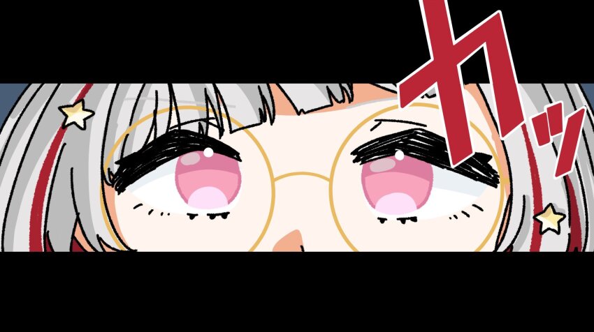 1girl bespectacled commentary_request diagonal_bangs eye_focus glasses grey_hair highres letterboxed link!_like!_love_live! looking_at_viewer love_live! multicolored_hair persona persona_4 persona_eyes pink_eyes puripuri_hurai red_hair round_eyewear solo sound_effects streaked_hair virtual_youtuber yellow-framed_eyewear yugiri_tsuzuri