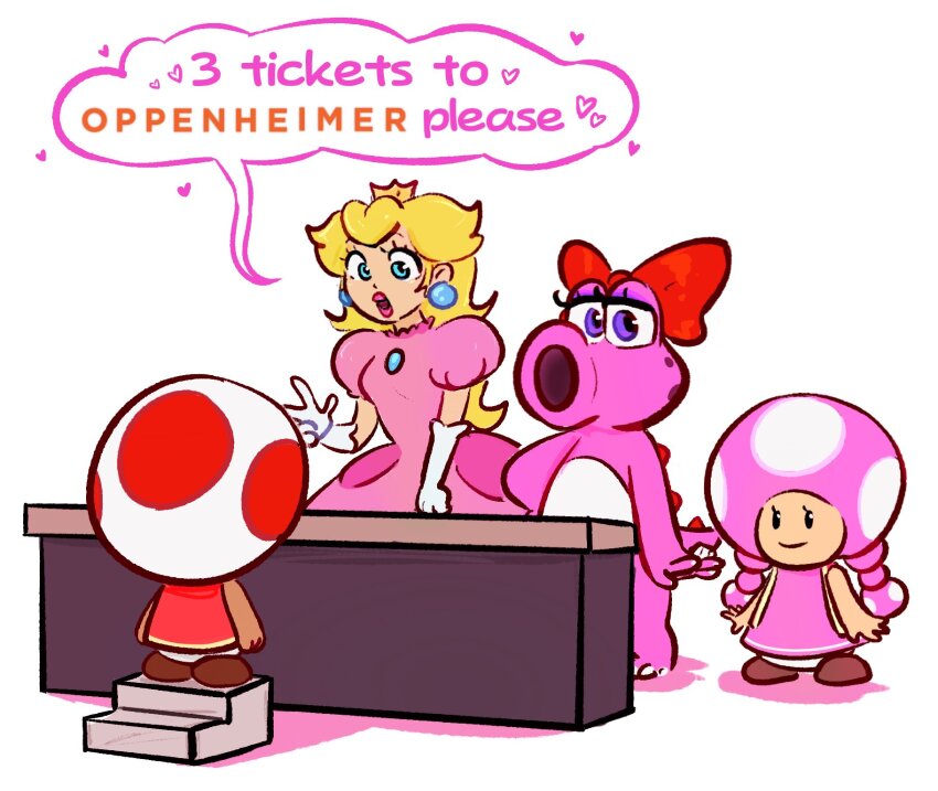 3girls birdo blonde_hair blue_eyes bow braid brooch brown_footwear crown dress earrings elbow_gloves english_text eyelashes gloves hair_bow highres jewelry kairy_draws mario_(series) mini_crown multiple_girls nintendo oppenheimer_(movie) pink_dress pink_hair pink_lips princess_peach purple_eyes red_bow red_vest short_sleeves sleeveless speech_bubble sphere_earrings stool toad_(mario) toadette twin_braids vest white_gloves