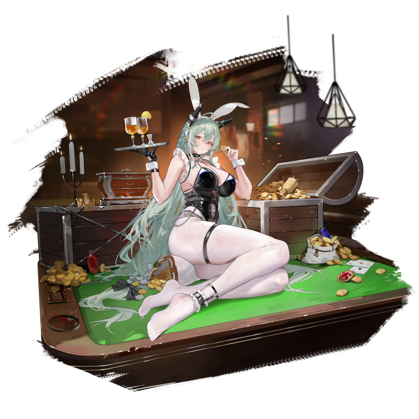 1girl ace_(playing_card) ace_of_diamonds ace_of_spades animal_ears bell bikini bikini_top_only black_bikini black_gloves black_ribbon blue_gemstone breasts candle card coin corset cup diamond_(shape) drinking_glass fake_animal_ears feet food fruit gem girls&#039;_frontline gloves gold gold_coin green_hair hair_between_eyes hair_ribbon headgear highres holding holding_coin holding_tray lemon lemon_slice light_blush looking_at_viewer ltlx_7000_(girls&#039;_frontline) ltlx_7000_(macallan_intoxication)_(girls&#039;_frontline) mole mole_on_breast money neck_bell no_shoes nontraditional_playboy_bunny official_alternate_costume official_art on_table pantyhose playing_card pool_table rabbit_ears red_eyes red_gemstone revision ribbon sack silver_coin sitting solo spade_(shape) swimsuit table thigh_strap third-party_source toes transparent_background tray treasure_chest tucked_money white_pantyhose white_wrist_cuffs wrist_cuffs yokozuwari yoyo_(550098)