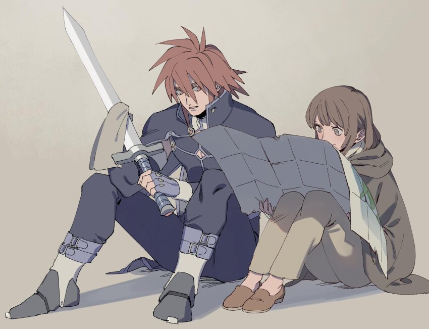 anna_irving brown_eyes brown_hair cleaning cleaning_weapon fingerless_gloves gloves hcmc3163 highres kratos_aurion looking_at_another map medium_hair red_eyes red_hair simple_background sitting sword tales_of_(series) tales_of_symphonia weapon