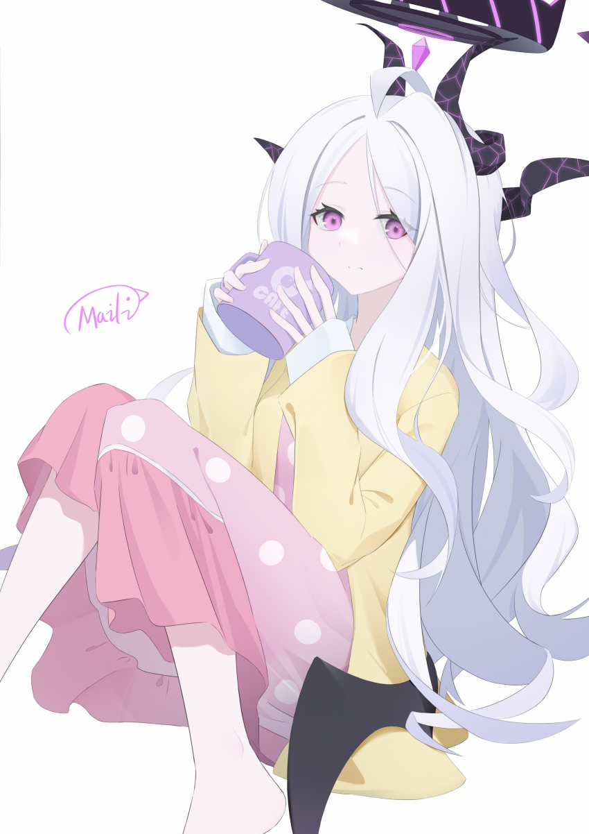 1girl absurdres ahoge barefoot black_horns blue_archive cup dress eyelashes halo highres hina_(blue_archive) horns jacket long_hair long_sleeves looking_at_viewer maili_07 mug mug_writing pink_eyes polka_dot polka_dot_dress purple_eyes signature simple_background solo very_long_hair white_background white_hair yellow_jacket