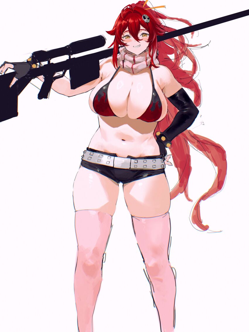 1girl absurdres anti-materiel_rifle belt bikini bikini_top_only black_shorts blush bracelet breasts cleavage cosplay curvy flame_print goddess_of_victory:_nikke grdrawww grin gun hair_between_eyes hair_intakes hair_ornament highres huge_breasts jewelry long_hair looking_at_viewer navel orange_eyes pink_thighhighs plump ponytail red_hair red_hood_(nikke) rifle scarf short_shorts shorts skull_hair_ornament smile sniper_rifle solo standing studded_belt studded_bracelet swimsuit tengen_toppa_gurren_lagann thick_thighs thighhighs thighs weapon yoko_littner yoko_littner_(cosplay)