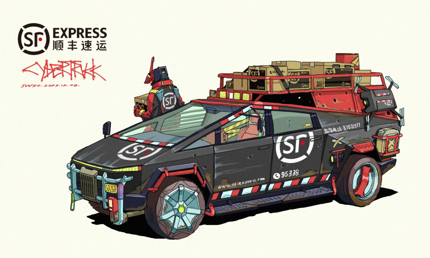 1other artist_name box cardboard_box chinese_text dated english_text gloves helmet highres holding holding_box iwse_zhang jacket jerry_can logo mixed-language_text multicolored_jacket original other_focus phone_number red_gloves rust signature simple_background tesla_cybertruck translation_request two-tone_jacket vehicle_focus watermark web_address white_background