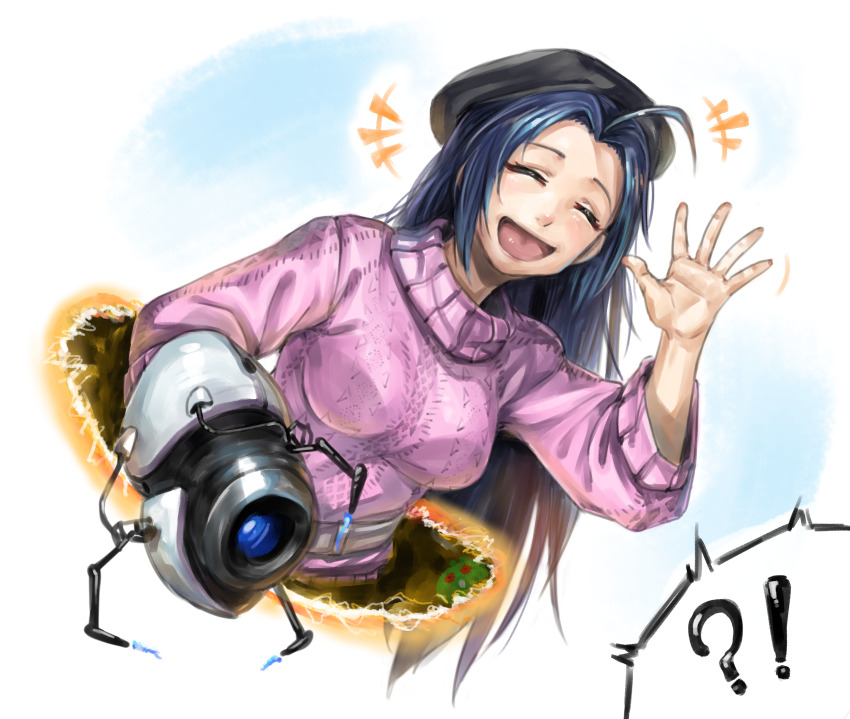 !? 1girl aperture_science_handheld_portal_device arm_up beret black_hair blue_hair breasts chupacabra_(idolmaster) closed_eyes commentary english_commentary facing_viewer hat highres hold111 holding idolmaster idolmaster_(classic) long_hair long_sleeves miura_azusa open_mouth pink_sweater portal_(object) portal_(series) smile solo sweater turtleneck turtleneck_sweater waving