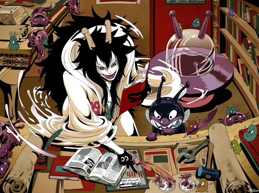 1boy anpanman baikinman biliken black_hair book caesar_clown clothes_writing crossover gloves hammer horns long_hair monster_boy nakao_ryuusei one_piece robe voice_actor_connection smile_(one_piece) ufo wrench yellow_eyes