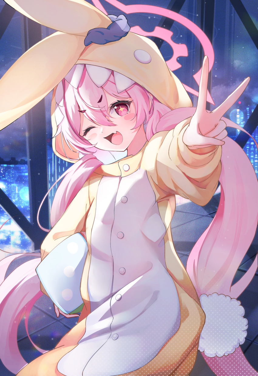 +_+ 1girl absurdres blue_archive city_lights commentary cosplay cowboy_shot dice fang flat_chest halo highres holding holding_dice hood hooded_pajamas indoors kigurumi koyuki_(blue_archive) koyuki_(pajamas)_(blue_archive) long_hair one_eye_closed open_mouth pajamas pink_hair pink_halo skin_fang smile solo standing tomo_(tomosa011326) tongue twintails v very_long_hair yellow_pajamas