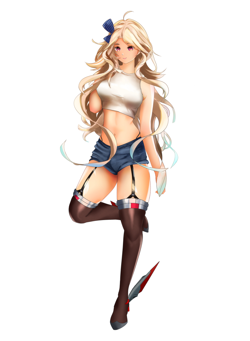1girl azur_lane beefusteku black_thighhighs blonde_hair blue_ribbon breasts brooklyn_(azur_lane) closed_mouth crop_top denim denim_shorts full_body garter_straps hair_ribbon hand_in_own_hair highres lips long_hair looking_at_viewer medium_breasts midriff multicolored_hair navel purple_eyes ribbon shirt shorts smile solo standing standing_on_one_leg streaked_hair thighhighs white_background white_shirt