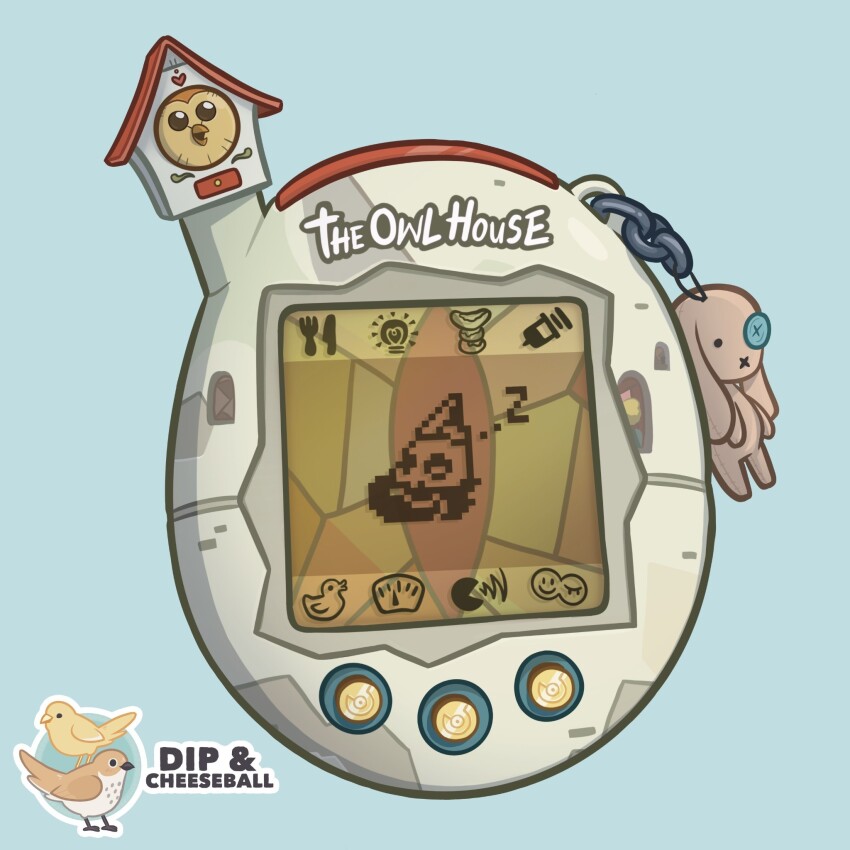 blue_background charm_(object) commentary copyright_name crossover english_commentary highres king_clawthorne merchandise_available muffinpines no_humans object_focus radio_antenna simple_background sleeping sticker_(medium) still_life stuffed_animal stuffed_rabbit stuffed_toy tamagotchi tamagotchi_(virtual_pet) tamagotchi_plus the_owl_house toy virtual_pet_(toy) zzz