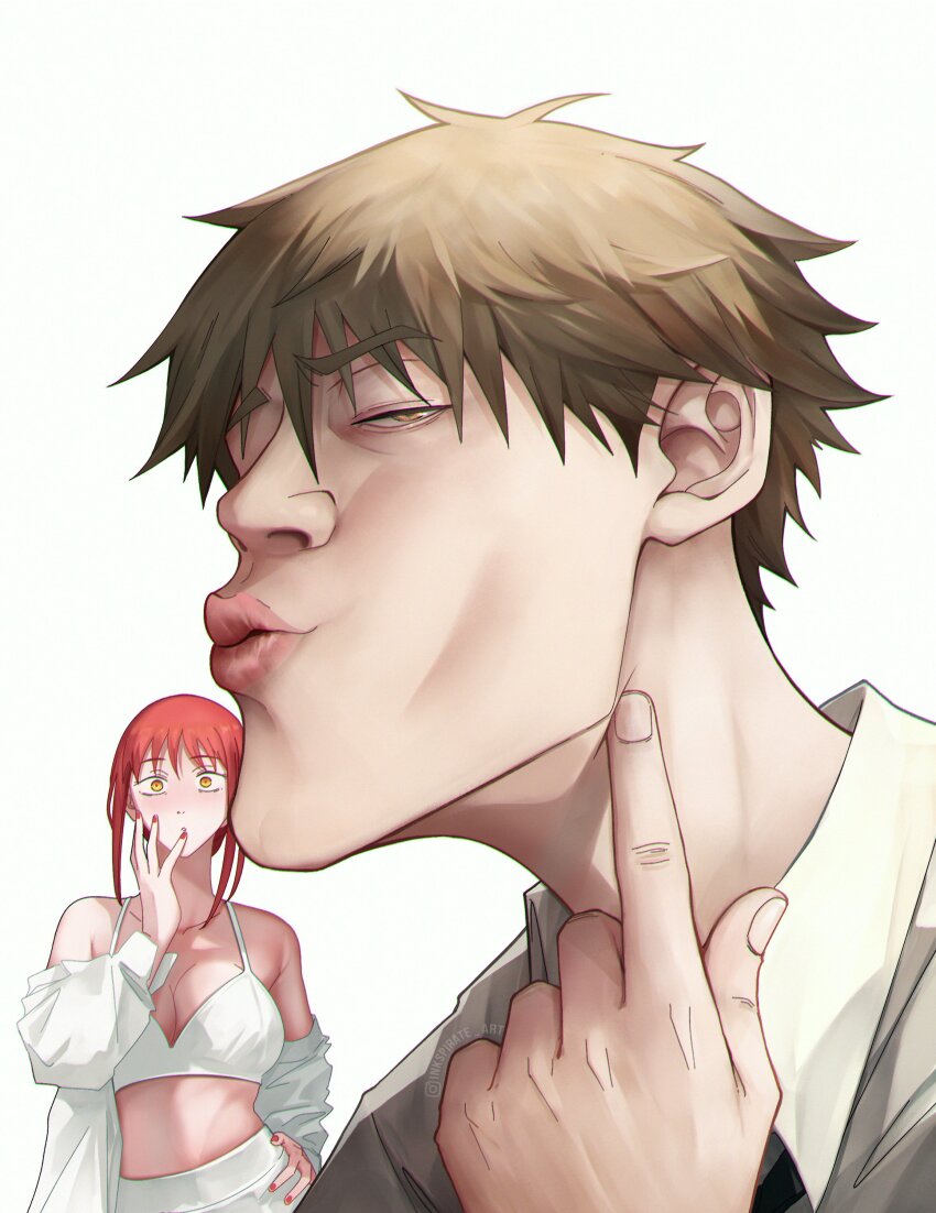 1boy 1girl :o absurdres blush bra chainsaw_man chiseled_face denji_(chainsaw_man) hand_on_own_hip highres inkspirate jacket looking_at_viewer makima_(chainsaw_man) male_focus meme mewing_(meme) necktie open_clothes open_jacket pointing puckered_lips red_hair red_nails shirt tagme underwear white_bra white_jacket white_shirt