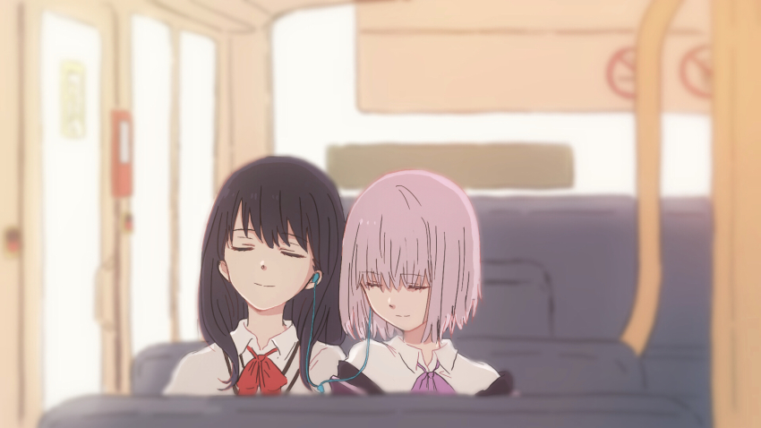 2girls black_hair blurry blurry_background bow bowtie bus bus_interior cardigan closed_eyes closed_mouth collared_shirt dress_shirt earphones female_focus gridman_universe highres indoors jacket light_purple_hair long_sleeves lyy motor_vehicle multiple_girls neck off_shoulder open_clothes open_jacket purple_bow purple_jacket purple_neckwear red_bow red_neckwear school_uniform shared_earphones shinjou_akane shirt short_hair shoulder-to-shoulder side-by-side sidelocks sitting sleeping smile ssss.gridman takarada_rikka upper_body white_cardigan white_shirt