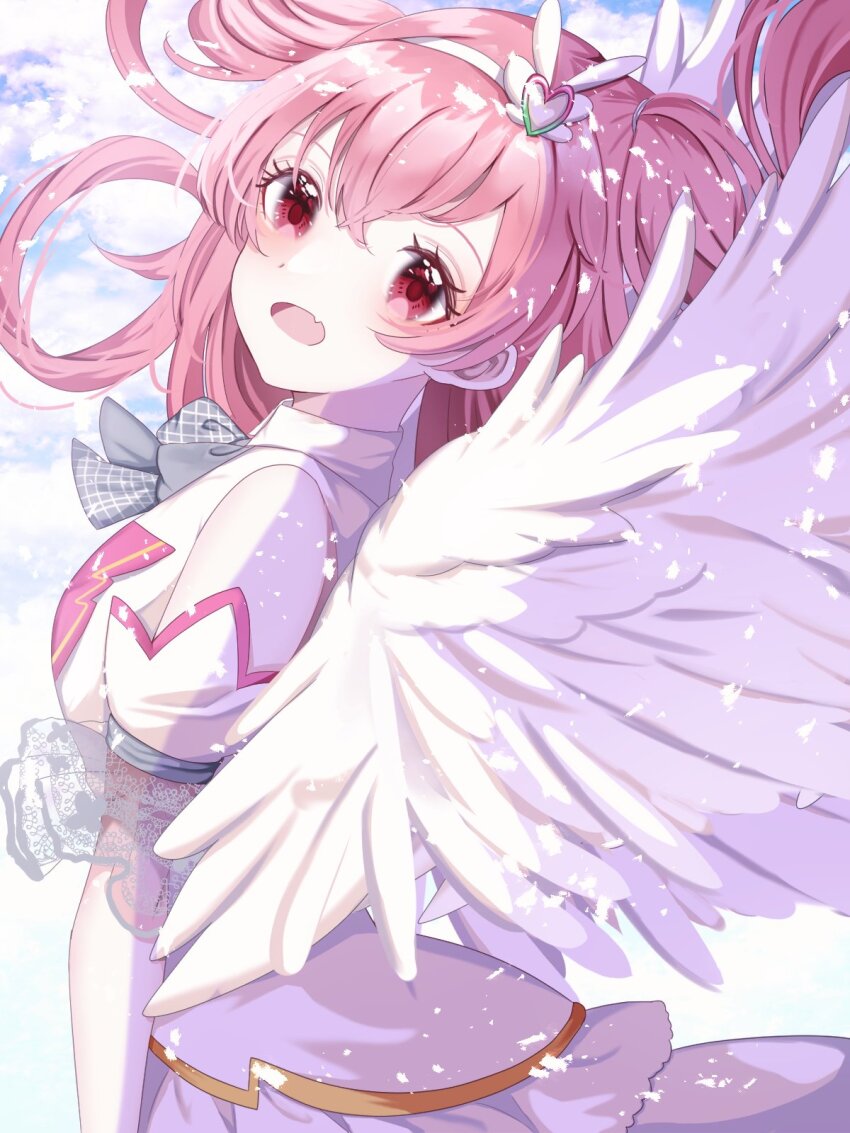 1girl aoitenziku bow bowtie cloud cloudy_sky commentary dress feathers hair_ornament heart heart_hair_ornament highres long_hair momoi_airi pink_eyes pink_hair project_sekai sky smile todoke!_hopeful_stage_(project_sekai) white_dress white_feathers white_wings wings