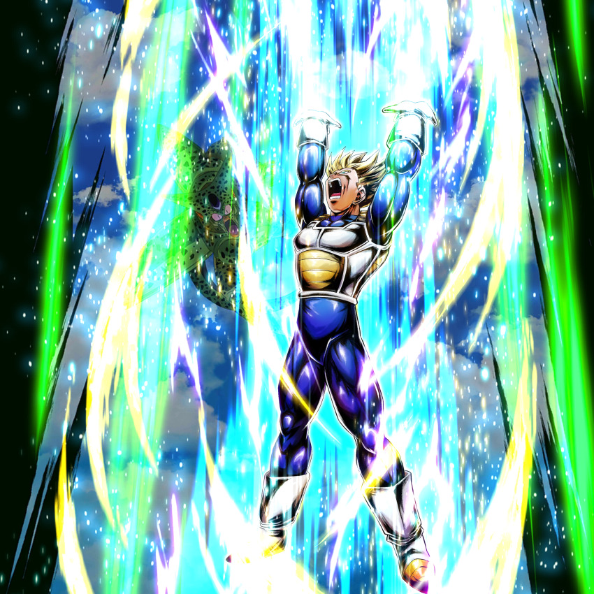 2boys blonde_hair cell_(dragon_ball) dragon_ball dragon_ball_legends highres ki_blast multiple_boys muscular muscular_male official_art saiyan_armor screaming serious spiked_hair super_saiyan trunks_(dragon_ball) trunks_(future)_(dragon_ball)