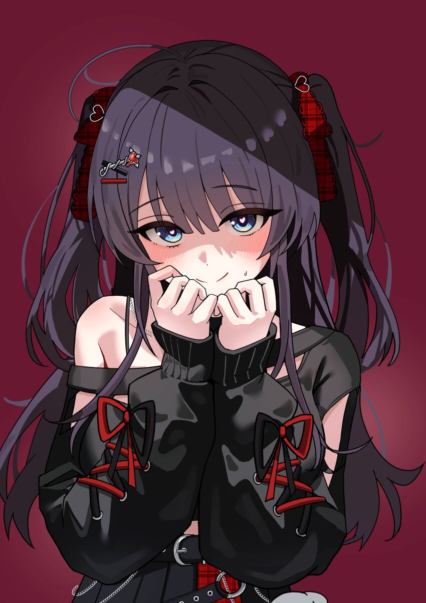 1girl absurdres ahoge belt belt_buckle black_belt black_hair black_skirt black_sweater blue_eyes blush bright_pupils buckle chain closed_mouth collarbone cross-laced_clothes cross-laced_sleeves hair_ornament hair_ribbon hairclip hands_up hashtag-only_commentary heart heart-shaped_pupils heart_hair_ornament highres long_hair long_sleeves off-shoulder_sweater off_shoulder plaid_ribbon pleated_skirt red_background red_ribbon ribbon shirayuki_hina skirt smile solo split_mouth stellive straight-on sweat sweater symbol-shaped_pupils tay_(cdjk7758) two_side_up upper_body virtual_youtuber white_pupils
