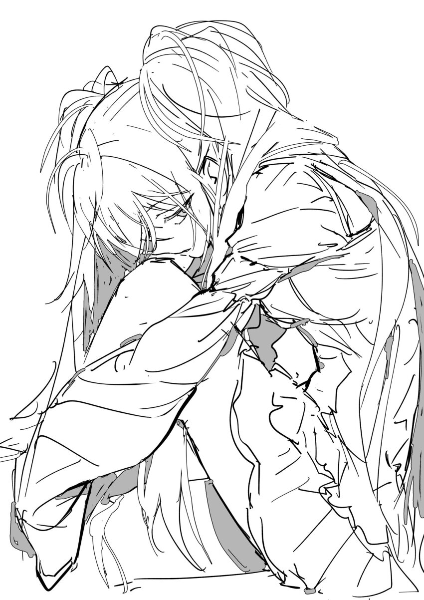 1girl commentary_request greyscale hair_between_eyes highres hoshina_utau long_sleeves monochrome parted_lips profile shugo_chara! simple_background sitting sketch solo twintails zhibuji_loom