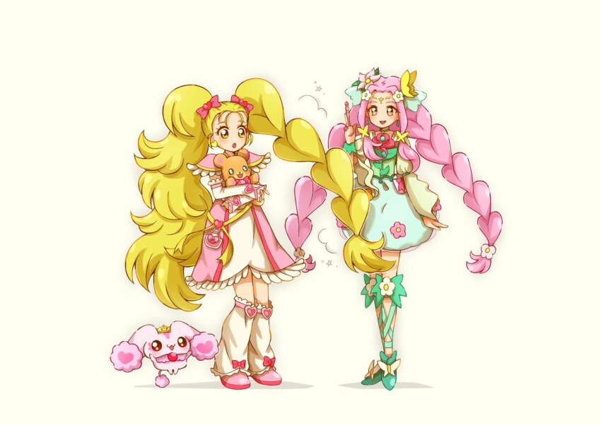 2girls aqua_skirt blonde_hair bow braid butterfly_hair_ornament choker creature cure_felice detached_sleeves dress earrings flower full_body futari_wa_precure futari_wa_precure_max_heart green_shoes hair_bow hair_flower hair_ornament hanami_kotoha hand_up heart heart_earrings holding holding_wand in-franchise_crossover index_finger_raised jewelry juliet_sleeves kujou_hikari leg_ribbon leg_warmers long_hair long_sleeves magical_girl mahou_girls_precure! mofurun_(mahou_girls_precure!) multiple_girls pink_dress pink_hair precure puffy_sleeves red_eyes ribbon shiny_luminous shoes simple_background single_braid skirt smile standing twin_braids twintails very_long_hair wand white_background yellow_eyes yuu13