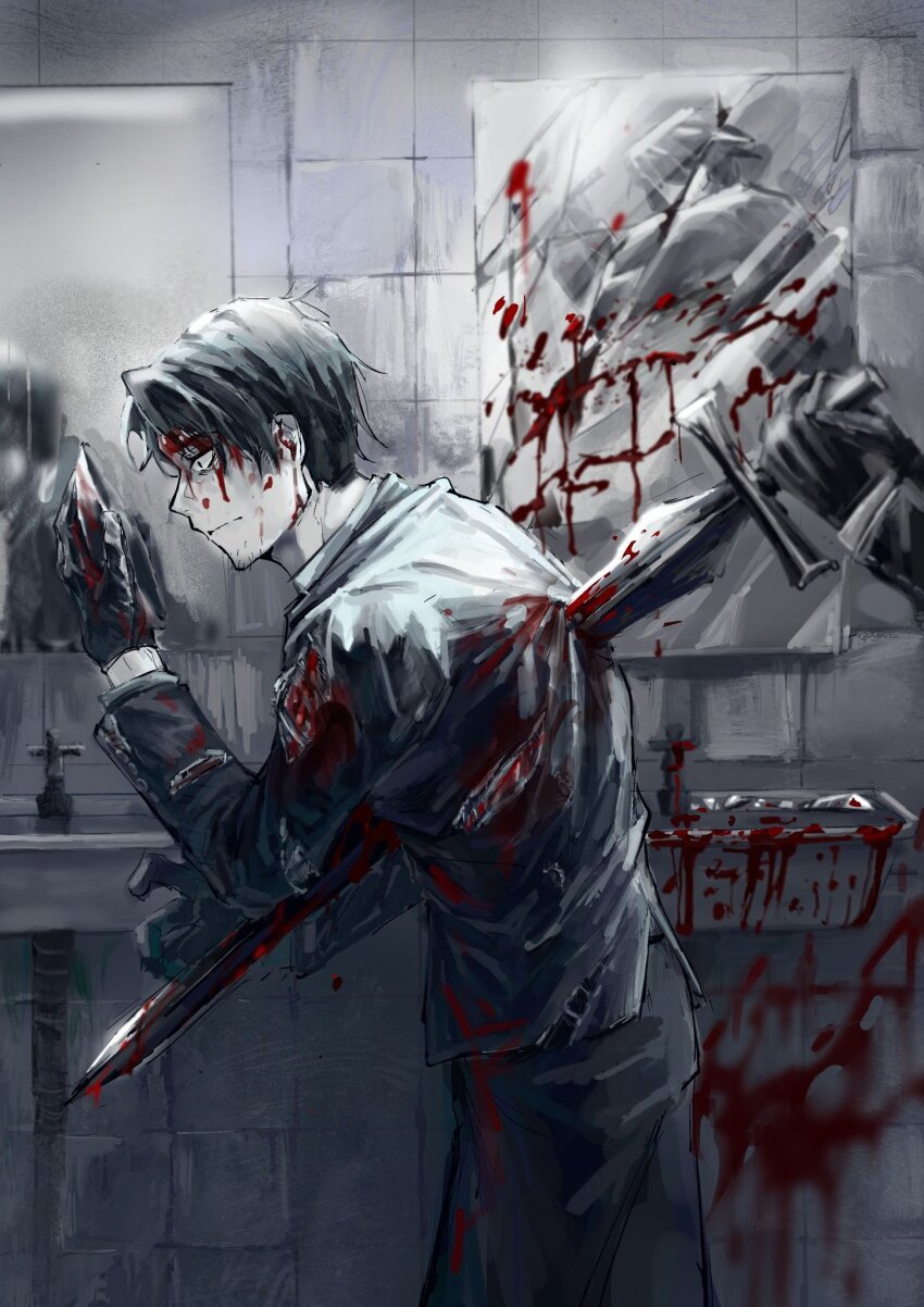 2boys :| bathroom black_gloves black_hair black_suit blood blood_on_clothes blood_on_face blood_on_hands blood_on_wall blood_splatter broken_glass claw_pose closed_mouth constricted_pupils cowboy_shot curtained_hair dual_persona facial_hair faucet formal_clothes from_side full_mask glass gloves goatee_stubble highres holding holding_sword holding_weapon impaled library_of_ruina mirror multiple_boys out_of_frame project_moon reflective_surface roland_(project_moon) sink stab stubble suit sword tile_wall tiles torn_clothes weapon wide-eyed wuruko