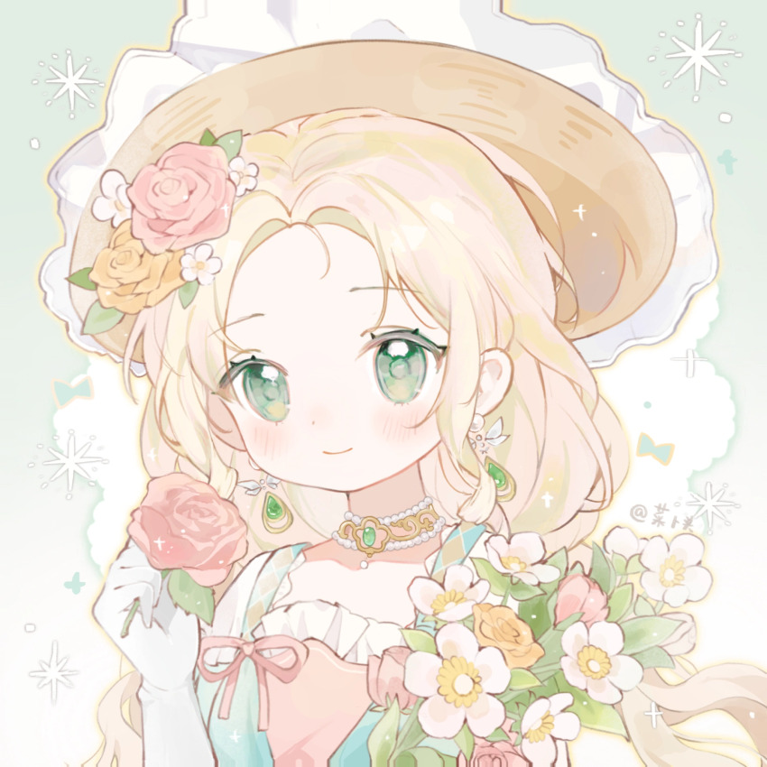 1girl argyle_clothes argyle_dress artist_name baonu_de_zhanshen_caibutou bead_choker beads blonde_hair blue_dress bouquet bow bow_earrings brown_hat chinese_commentary closed_mouth collarbone commentary_request dot_nose dress earrings eyelashes flower forehead forget-me-not_(flower) frilled_dress frilled_headwear frills gloves gold_choker gradient_background green_background green_eyes hair_flower hair_ornament happy hat highres holding holding_bouquet holding_flower infinity_nikki jewelry light_blush light_particles long_hair low_twintails nikki_(series) outline parted_bangs pink_flower pink_ribbon pink_rose ribbon ringlets rose short_sleeves sidelocks smile solo sparkle straw_hat sun_hat tareme twintails upper_body verdant_melodies_(infinity_nikki) very_long_hair white_background white_bow white_flower white_gloves yellow_flower yellow_outline yellow_rose