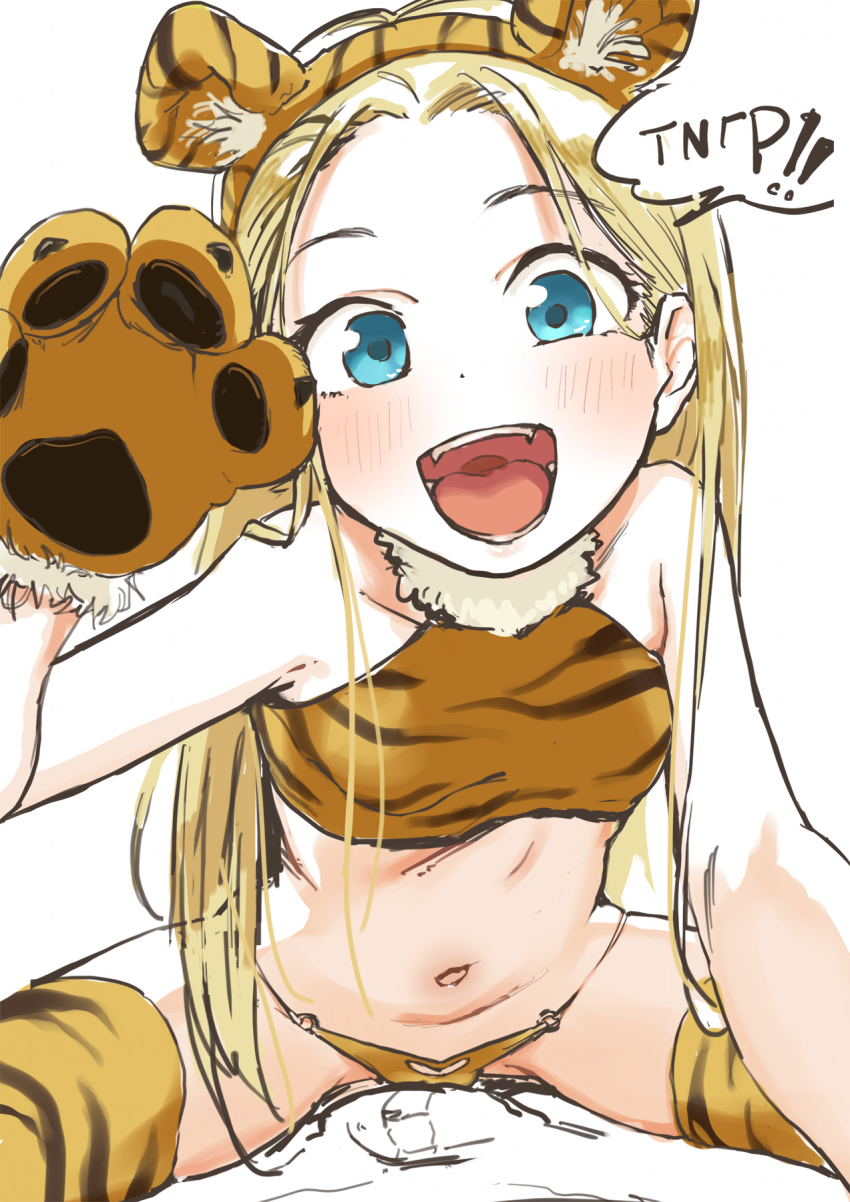 1boy 1girl animal_ear_fluff animal_ears animal_hands animal_print bikini blonde_hair blue_eyes borrowed_character breasts bulge crop_top forehead highres kumanomi loli looking_at_viewer on_top_of_viewer pov russian_text sasha_(haguhagu) small_breasts solo speech_bubble swimsuit tail tiger_ears tiger_girl tiger_print translated