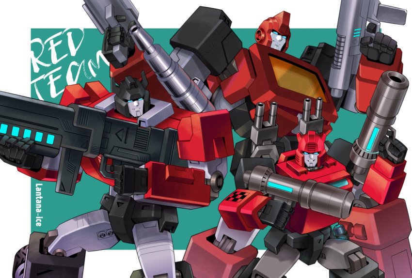 3boys aqua_background artist_name autobot border cliffjumper dual_wielding gun highres holding holding_gun holding_weapon ironhide lantana0_0 looking_to_the_side mecha multiple_boys no_humans outside_border parted_lips red_theme robot science_fiction sideswipe transformers weapon white_border