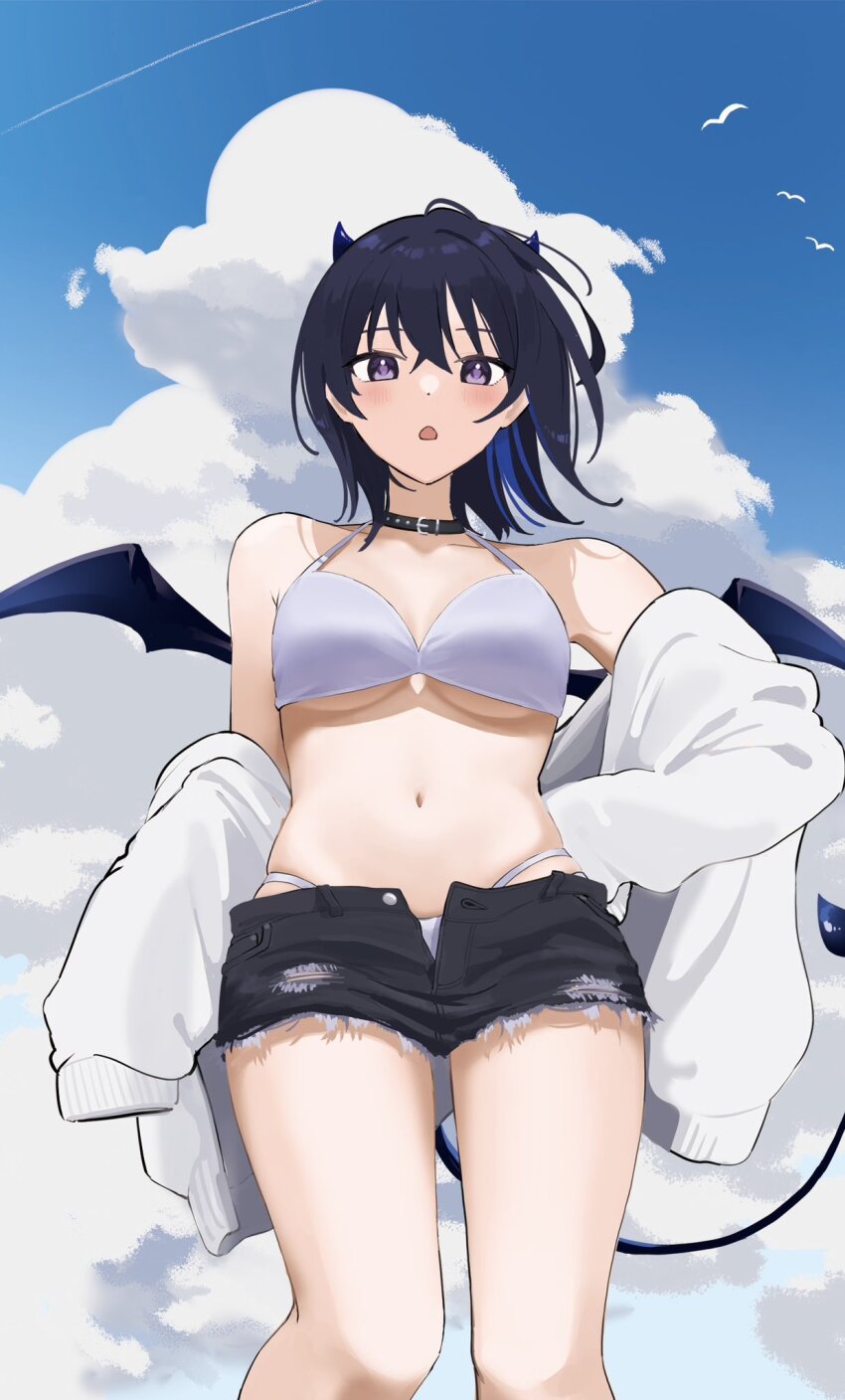 1girl alternate_costume bare_shoulders belt_collar bikini black_hair black_shorts breasts breasts_apart cardigan cardigan_partially_removed collar cowboy_shot crossed_bangs demon_girl demon_horns demon_tail demon_wings denim denim_shorts dot_nose highres horns ichinose_uruha light_blush long_sleeves looking_at_viewer medium_breasts medium_hair mmsnc1999 navel open_cardigan open_clothes open_fly panty_straps parted_lips purple_eyes short_shorts shorts sky solo stomach swimsuit tail torn_clothes torn_shorts virtual_youtuber vspo! white_bikini white_cardigan wings