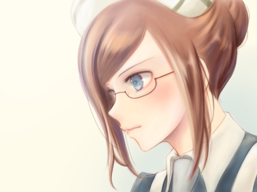 1girl angela_(bokujou_monogatari) azu_rin_go blue_background blue_dress blue_eyes blush bokujou_monogatari bokujou_monogatari:_tsunagaru_shin_tenchi brown-framed_eyewear brown_hair closed_mouth collared_dress dress glasses gradient_background grey_necktie hair_bun hat highres lone_nape_hair looking_to_the_side necktie nurse nurse_cap parted_bangs portrait sidelocks smile solo white_background