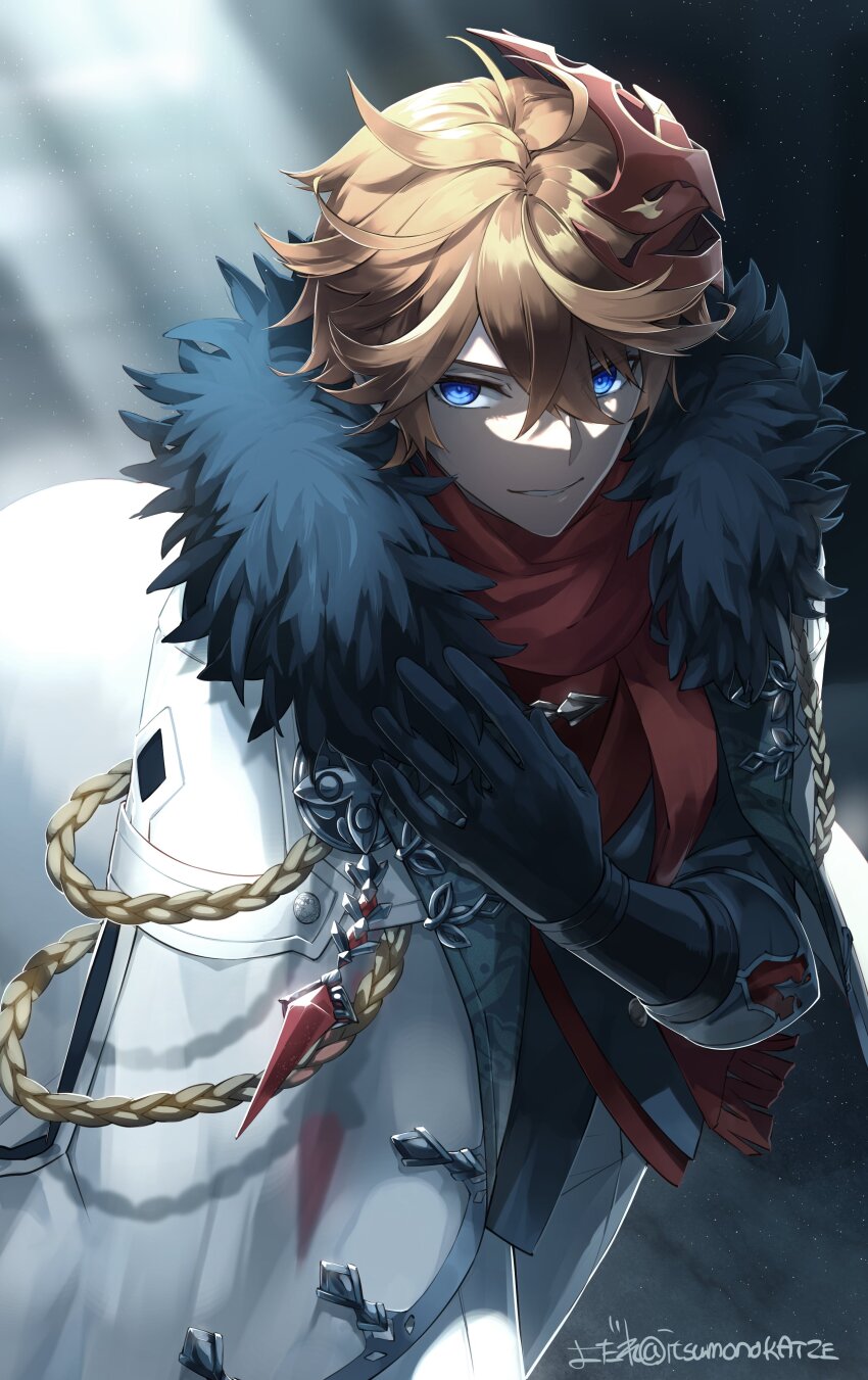 1boy absurdres ahoge aiguillette artist_name black_gloves blue_eyes buttons coat commentary_request cowboy_shot crossed_bangs fur-trimmed_coat fur_trim genshin_impact gloves grey_jacket hair_between_eyes hand_up highres itsumono_katze jacket light_particles light_rays long_sleeves looking_at_viewer male_focus mask mask_on_head orange_hair pants parted_lips red_mask red_scarf scarf short_hair signature smile solo standing tartaglia_(genshin_impact) v-shaped_eyebrows white_coat white_pants