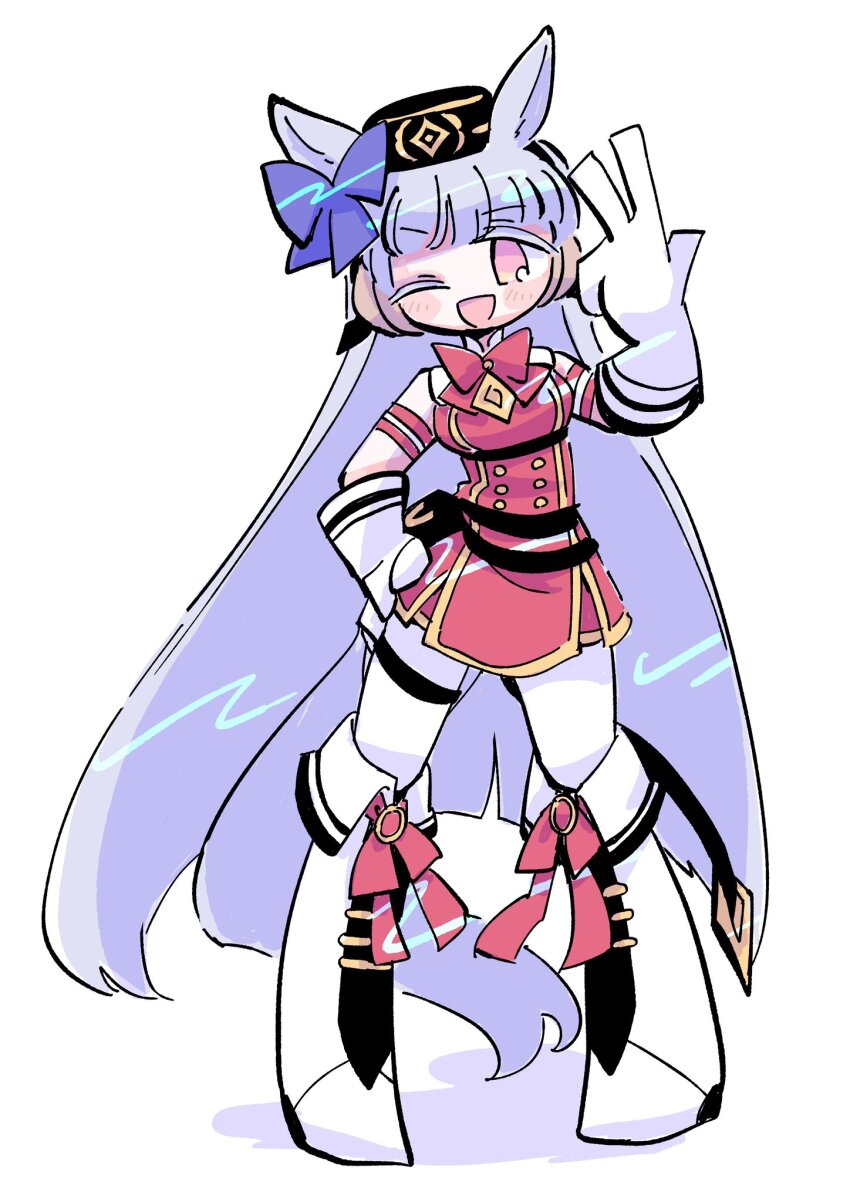 1girl animal_ears blunt_bangs blush boots breasts elbow_gloves engawa_(engawagorigori) full_body gloves gold_ship_(umamusume) grey_hair hand_on_own_hip highres horse_ears horse_girl horse_tail knee_boots large_breasts long_hair one_eye_closed open_mouth pink_eyes simple_background smile solo tail umamusume v white_background white_boots white_gloves