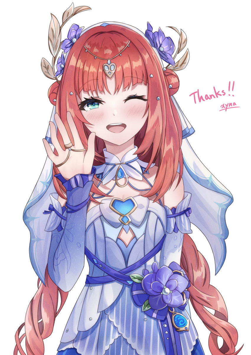 1girl absurdres aqua_eyes arm_behind_back azara_xyna bare_shoulders blue_dress blue_gemstone blue_sleeves blush circlet commentary_request detached_sleeves double_bun dress flower gem genshin_impact hair_bun hair_flower hair_ornament hand_up highres hydro_symbol_(genshin_impact) long_hair looking_at_viewer nilou_(breeze_of_sabaa)_(genshin_impact) nilou_(genshin_impact) official_alternate_costume one_eye_closed open_mouth partial_commentary purple_flower purple_ribbon red_hair ribbon simple_background sleeveless sleeveless_dress solo teeth thank_you upper_body upper_teeth_only veil very_long_hair vision_(genshin_impact) white_background white_veil