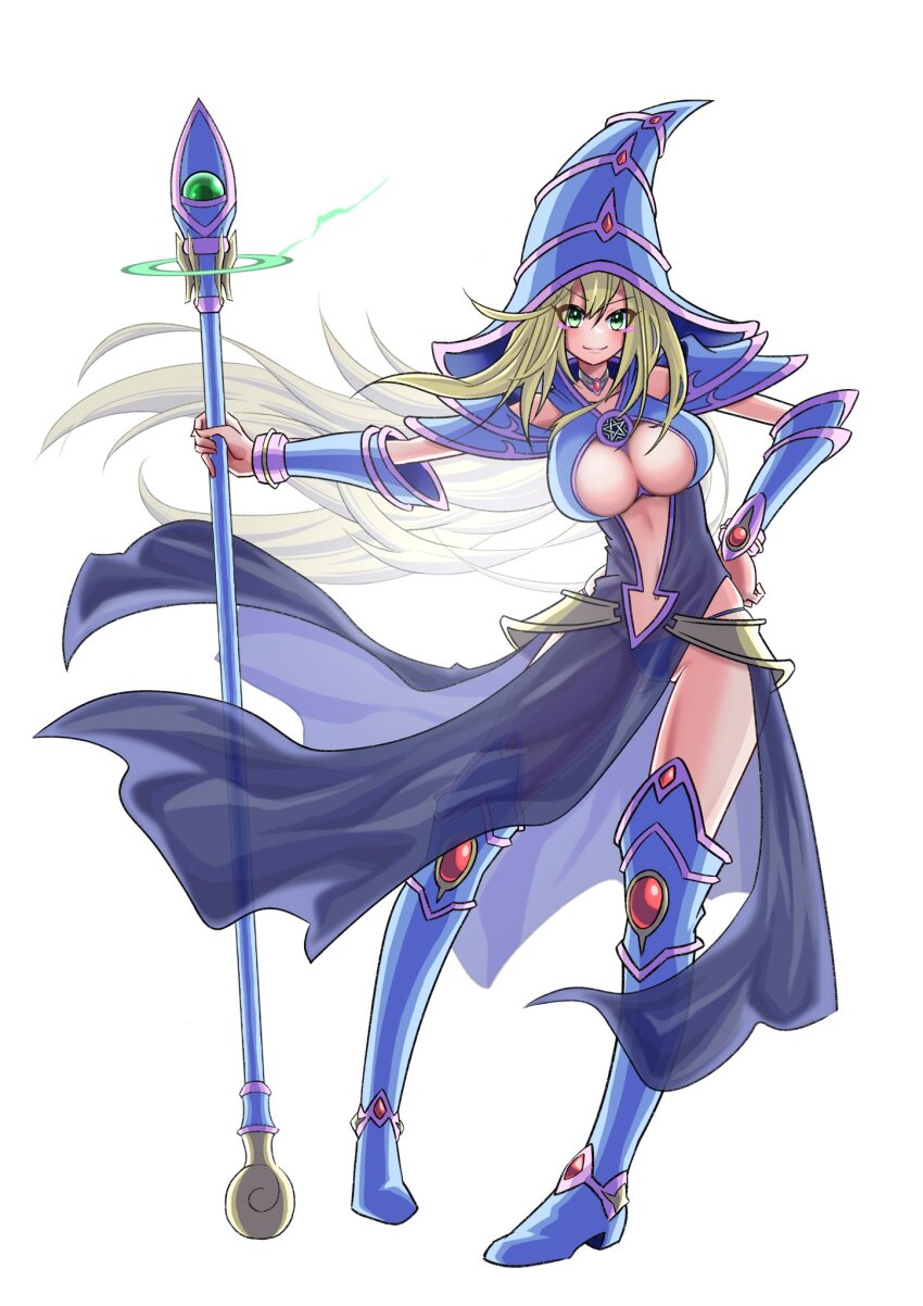 1girl adapted_costume blonde_hair blue_boots blue_hat blue_robe blush boots breasts cleavage cleavage_cutout clothing_cutout cosplay dark_magician dark_magician_(cosplay) dark_magician_girl duel_monster green_eyes hand_on_own_hip hat highres holding holding_staff large_breasts long_hair navel robe sengenjin31 simple_background solo staff stomach_cutout white_background wizard_hat yu-gi-oh!