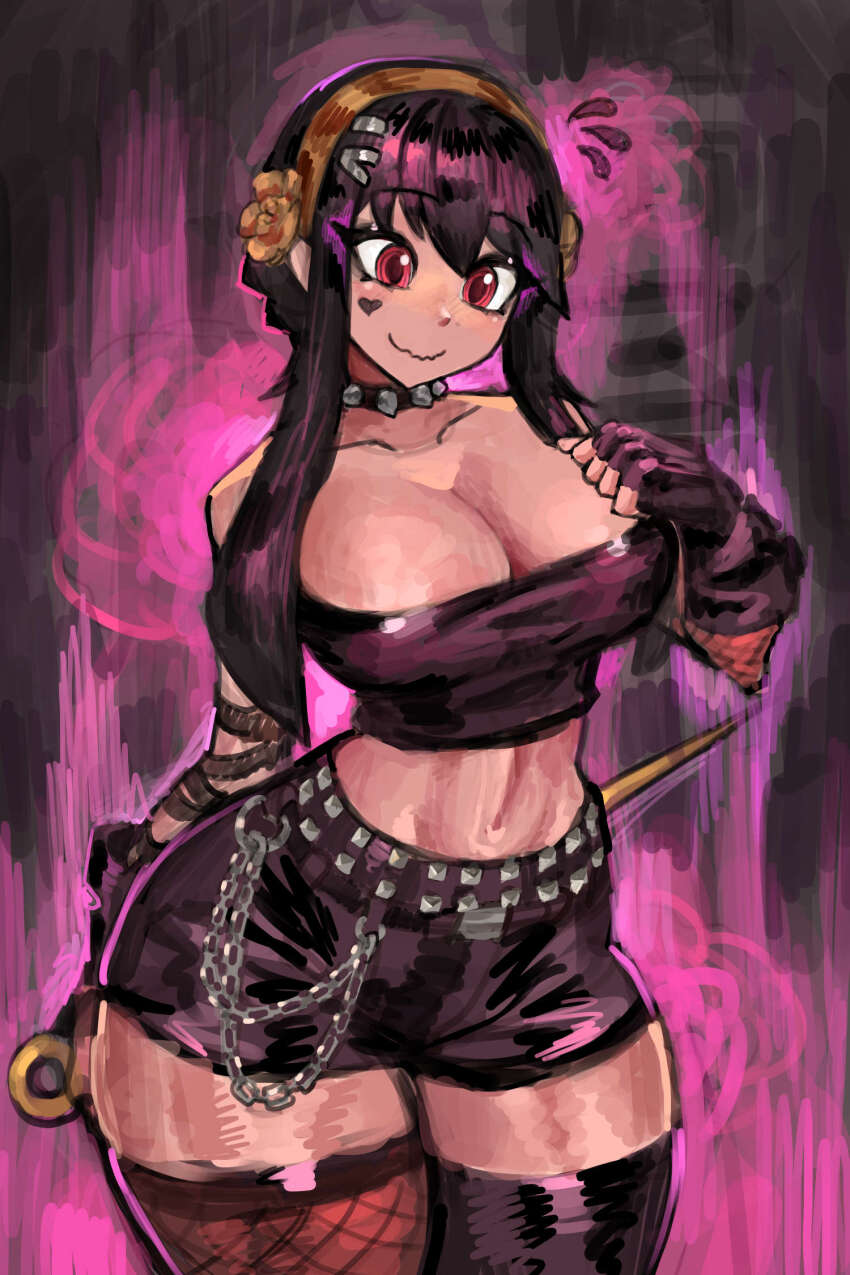 1girl alternate_breast_size alternate_costume asymmetrical_legwear belt black_gloves black_hair black_shorts black_thighhighs breasts chain cleavage closed_mouth collar commentary curvy dagger english_commentary facial_mark fingerless_gloves fishnet_thighhighs fishnets flying_sweatdrops gloves gold_hairband hairband heart heart_facial_mark highres knife large_breasts mismatched_legwear navel nervous_smile red_eyes saiykik short_shorts shorts smile solo spiked_collar spikes spy_x_family stiletto_(weapon) studded_belt thick_thighs thighhighs thighs weapon wide_hips yor_briar