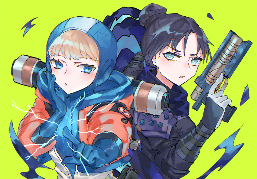 2girls animification apex_legends b3_wingman black_scarf blue_eyes blue_gloves blush bodysuit breasts bright_pupils electricity facial_scar gloves green_background grey_gloves gun hand_on_own_cheek hand_on_own_face handgun highres hood hood_down hood_up hooded_jacket jacket lightning_bolt_symbol looking_at_viewer medium_breasts multiple_girls orange_jacket portal_(object) repu_(rep_sha) revolver ribbed_bodysuit scar scar_on_cheek scar_on_face scarf simple_background sparkle trigger_discipline wattson_(apex_legends) weapon white_pupils wraith_(apex_legends)