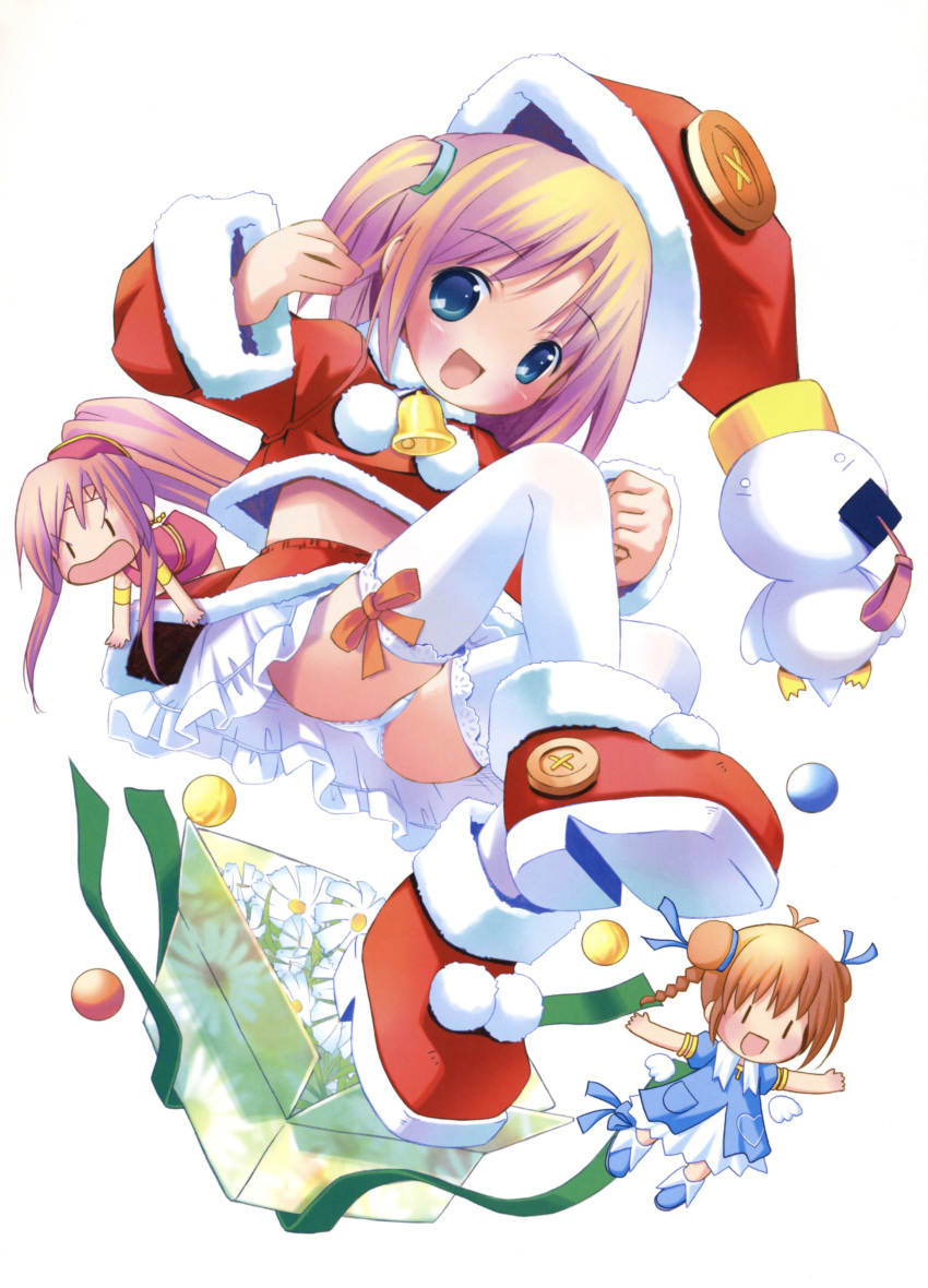00s absurdres ah-kun bell blonde_hair blue_eyes bow box brown_hair buttons child christmas flower gift hat highres jacket jumping large_buttons lingerie moetan nijihara_ink panties pantyshot petticoat pop santa_costume santa_hat shoes short_twintails smile thighhighs twintails underwear white_legwear white_panties