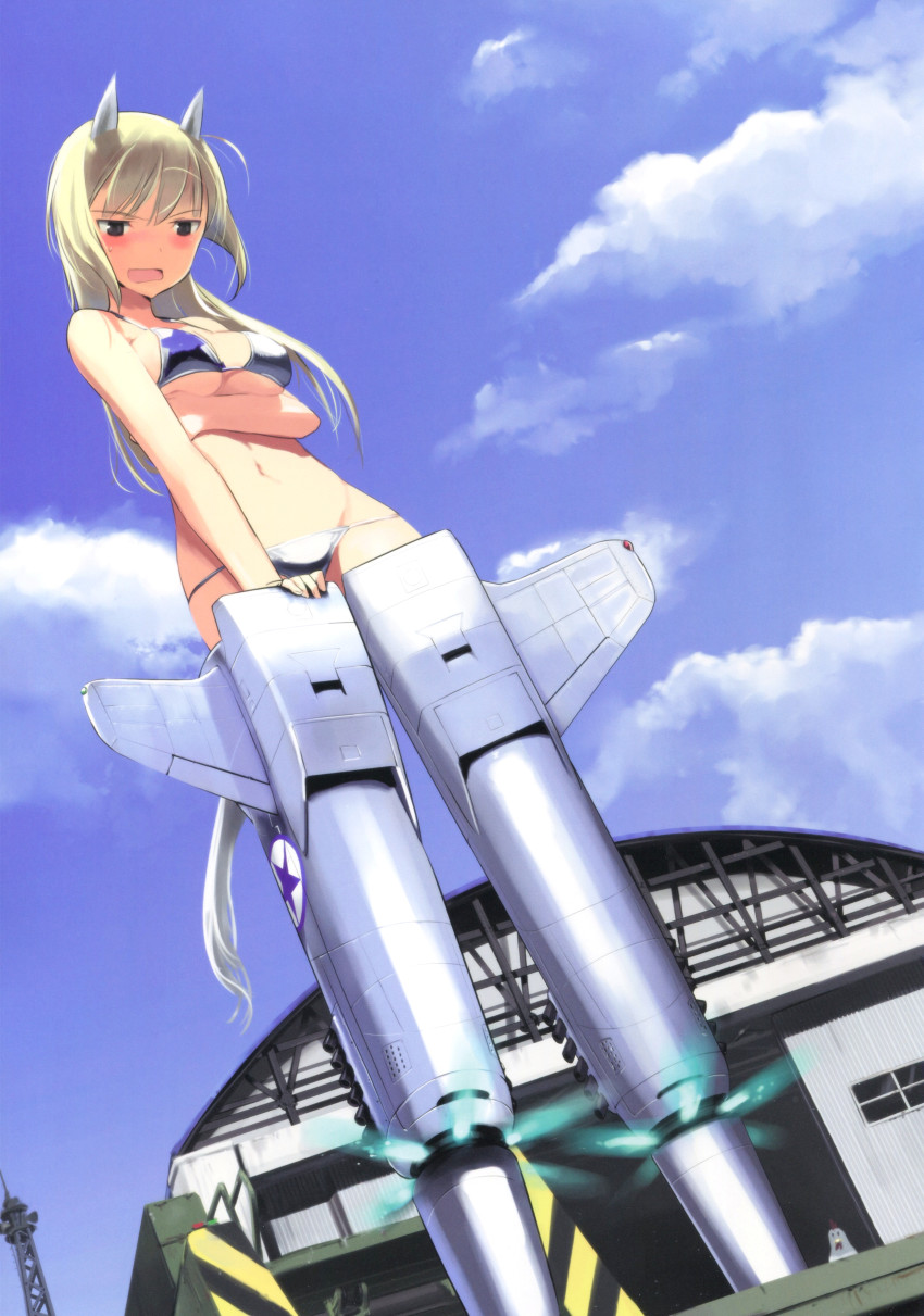 1girl absurdres animal_ears bikini bikini_top_only bird blonde_hair blue_bikini blue_sky blush breast_hold breast_lift breasts brown_eyes chicken cleavage cloud day embarrassed female_focus highres horse_girl large_breasts long_hair marian_e._carl navel noble_witches non-web_source print_bikini print_bikini_top scan shimada_fumikane sky solo striker_unit string_bikini sweatdrop swimsuit tail underboob wavy_mouth white_bikini world_witches_series
