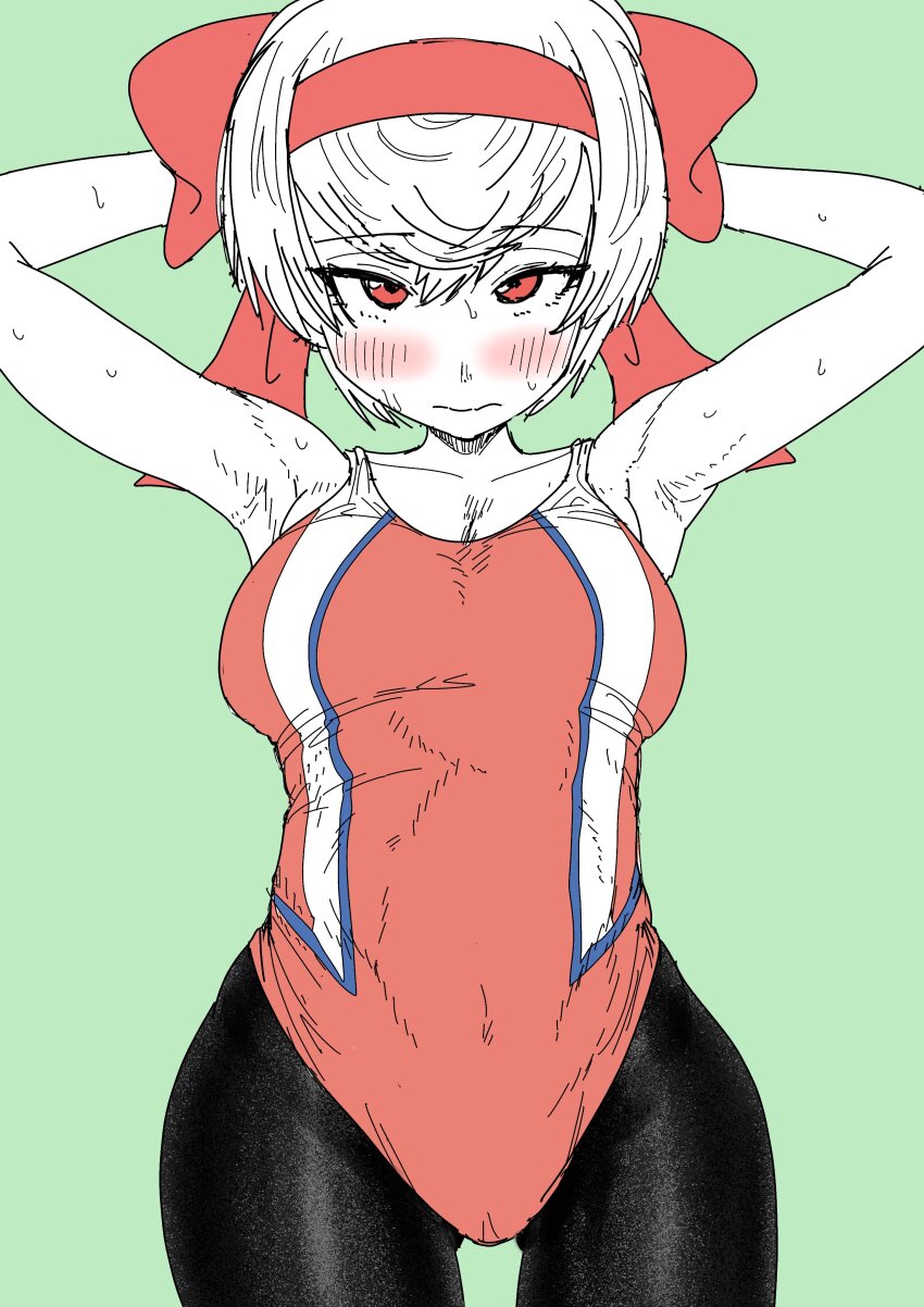 1girl absurdres arm_behind_head black_pantyhose bow breasts competition_swimsuit girls_und_panzer girls_und_panzer_ribbon_no_musha green_background hair_bow highres kaiman_garupan large_breasts leotard one-piece_swimsuit pantyhose pantyhose_under_swimsuit red_bow red_eyes red_leotard red_one-piece_swimsuit short_hair solo sweat swimsuit tsuruki_shizuka