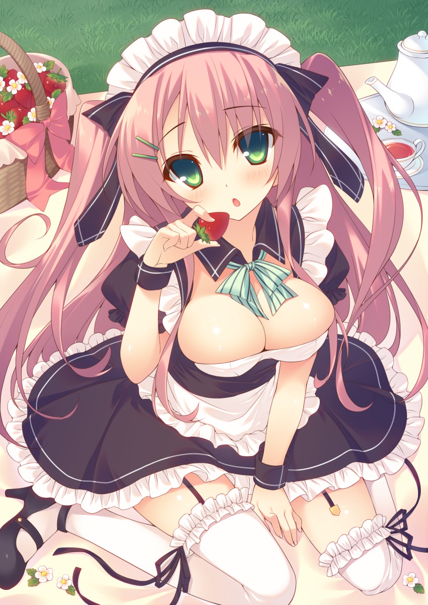1girl :o apron basket blush bow bowtie breasts bursting_breasts cleavage detached_collar food frilled_thighhighs frills fruit garter_straps grass green_bow green_bowtie green_eyes hair_ornament hairclip high_heels highres large_breasts liquid long_hair looking_at_viewer maid maid_apron maid_headdress may miko_(royal_milk) moe2015 original parted_lips pink_hair saucer sitting strawberry tea teapot thighhighs tray two_side_up waist_apron wariza white_thighhighs zettai_ryouiki