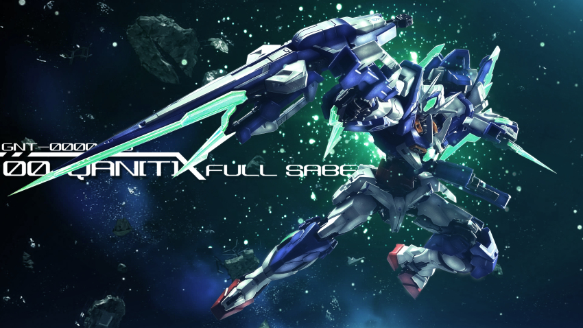 00_qan[t] 00_qan[t]_full_saber absurdres asteroid boshi_(atuki_mk2) character_name dual_wielding english_text gunblade gundam gundam_00 gundam_00_a_wakening_of_the_trailblazer highres holding holding_weapon light_particles mecha mobile_suit no_humans photo_background robot science_fiction solo space star_(sky) sword v-fin weapon