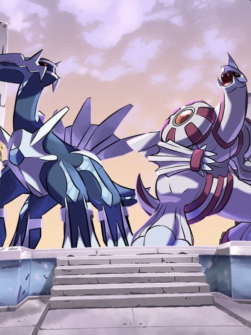 animal_focus artist_request black_sclera claws colored_sclera commentary commentary_request dialga fangs gen_4_pokemon highres legendary_pokemon nintendo no_humans official_art open_mouth palkia pokemon pokemon_(creature) pokemon_focus pokemon_home red_eyes sky standing third-party_source