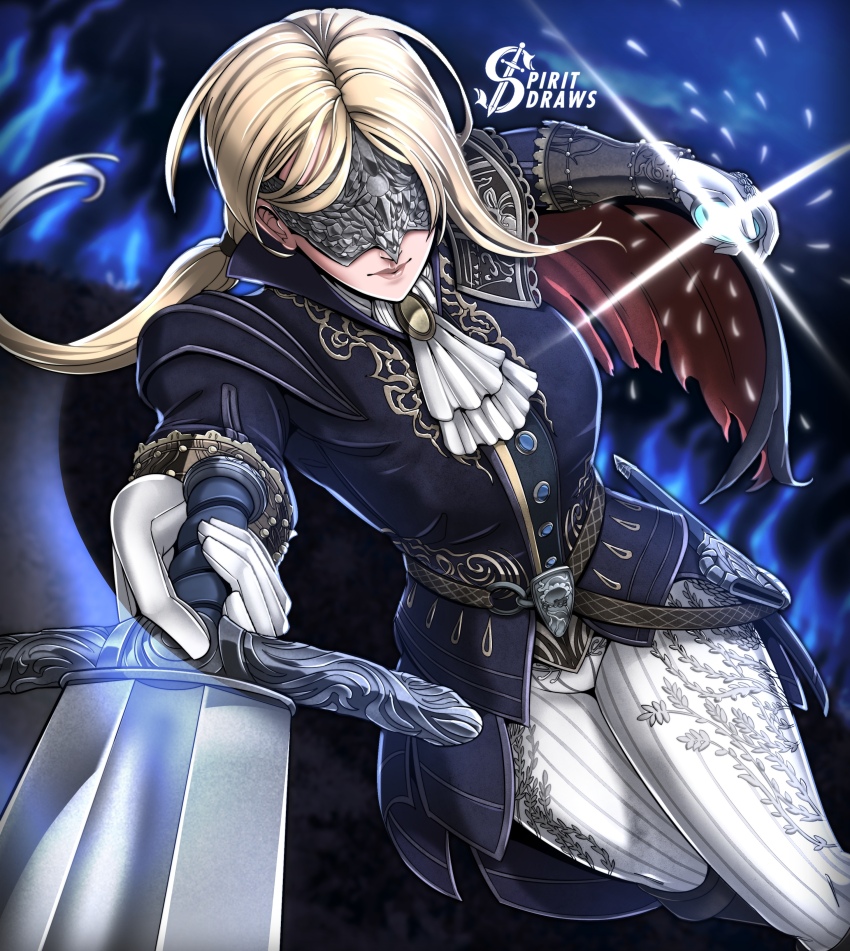 1girl absurdres artist_logo ascot blonde_hair blue_coat brooch coat covered_eyes dagger duchess_(elden_ring) eye_mask gloves highres holding_stopwatch jewelry knife logo looking_at_viewer non-circular_lens_flare pants pointing_melee_weapon ponytail sheath spiritdraws stopwatch watch weapon white_ascot white_gloves white_pants