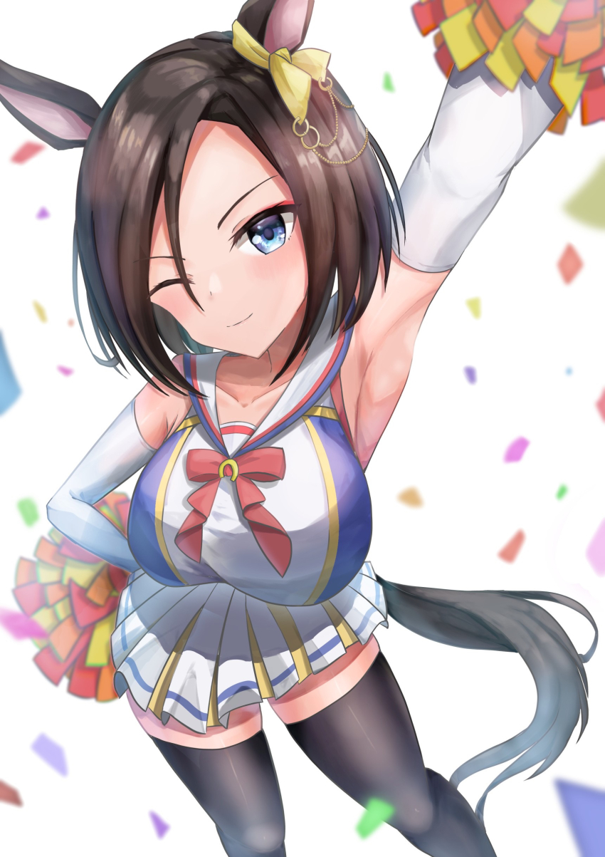 1girl absurdres air_groove_(umamusume) animal_ears armpits black_thighhighs blue_eyes bow breasts brown_hair cheerleader commentary confetti crop_top crop_top_overhang ear_bow ear_chain hair_between_eyes highres holding holding_pom_poms horse_ears horse_girl horse_tail large_breasts linked_piercing looking_at_viewer one_eye_closed piercing pleated_skirt pom_pom_(cheerleading) pom_poms short_hair skirt smile solo tail thighhighs umamusume waity_awa yellow_bow