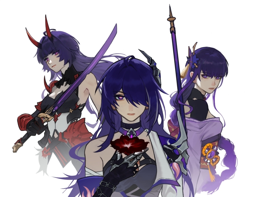 3girls acheron_(honkai:_star_rail) ahoge alternate_universe back_bow bare_shoulders black_choker black_gloves blunt_bangs bow braid breasts bridal_gauntlets buzhoushan48636 choker cleavage closed_mouth clothing_cutout collarbone detached_collar detached_sleeves engulfing_lightning_(genshin_impact) fake_claws flower from_side genshin_impact gloves glowing glowing_eyes gradient_background gradient_hair grey_background hair_flowing_over hair_ornament hair_over_one_eye holding holding_flower holding_polearm holding_sword holding_weapon honkai:_star_rail honkai_(series) honkai_impact_3rd horns in-franchise_crossover japanese_clothes katana kimono large_breasts long_braid long_horns long_sleeves looking_at_viewer looking_to_the_side mihoyo mole mole_under_eye multicolored_eyes multicolored_hair multiple_girls off_shoulder official_alternate_costume pink_lips polearm purple_hair purple_kimono raiden_mei raiden_mei_(herrscher_of_thunder) raiden_shogun red_flower red_horns red_sash sash sawashiro_miyuki shoulder_cutout simple_background single_bare_shoulder single_braid sleeveless streaked_hair sword upper_body voice_actor_connection weapon white_background