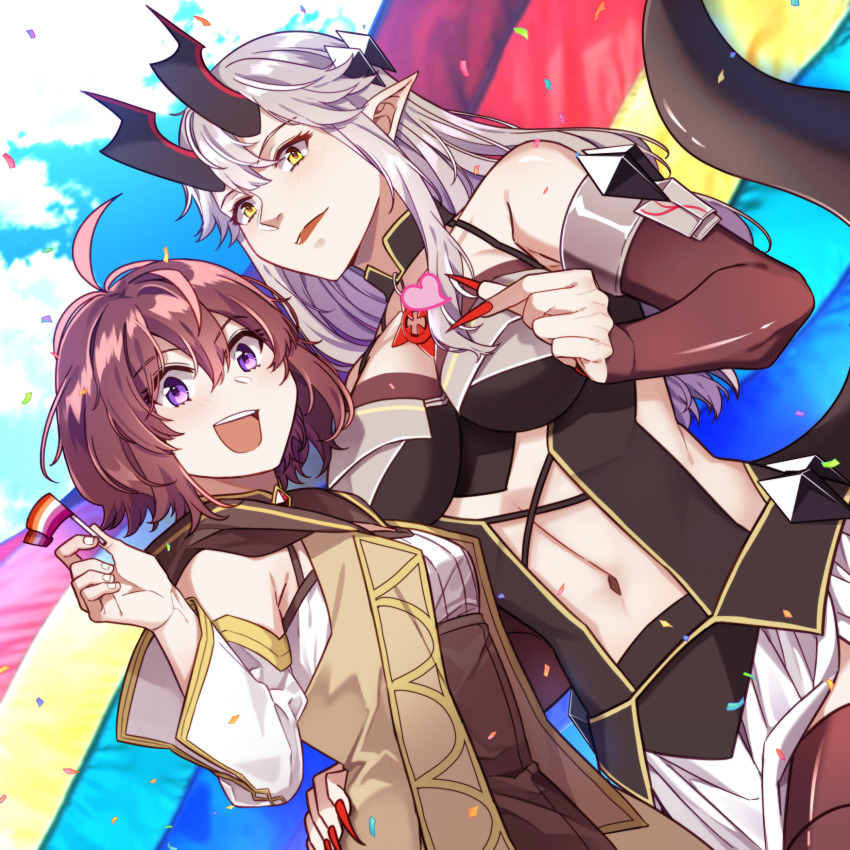 :d ahoge breasts brown_hair brown_lips color-les commentary couple dragon_girl dragon_horns dragon_tail english_commentary fingernails flag hand_on_another&#039;s_hip heart heart_hands height_difference highres holding holding_flag horns large_breasts lesbian_flag lgbt_pride lips long_hair mage_and_demon_queen malori_crowett monster_girl navel off_shoulder official_art open_mouth pointy_ears purple_eyes red_nails sharp_fingernails short_hair small_breasts smile tail teeth upper_teeth_only velverosa yellow_eyes yuri