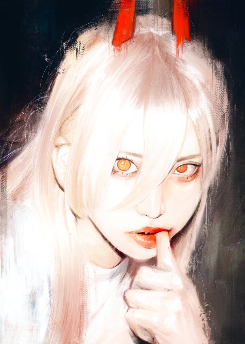 1girl absurdres blonde_hair chainsaw_man commentary_request cross-shaped_pupils hair_between_eyes highres horns long_hair looking_at_viewer power_(chainsaw_man) realistic red_horns red_lips shirt solo symbol-shaped_pupils white_shirt xa8uofivf2mcart yellow_eyes