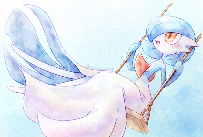 1girl alternate_color artist_name blue_background blue_hair blue_skin blue_theme blush bob_cut colored_skin female_focus flat_chest full_body gardevoir gen_3_pokemon hair_over_one_eye hands_up happy highres knees_together_feet_apart looking_up multicolored_skin nintendo no_feet on_swing one_eye_covered open_mouth orange_eyes pokemon pokemon_(creature) remedy_matome rope shiny_pokemon short_hair signature simple_background sitting smile solo swing swinging_on_swing twitter_username two-tone_skin white_skin