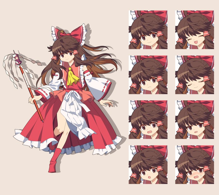 &gt;:( 1girl 4rion :d :o absurdres ahoge ascot blush boots bow brown_eyes brown_hair closed_eyes closed_mouth collared_shirt detached_sleeves drop_shadow frilled_hair_tubes frilled_shirt_collar frilled_skirt frills full_body gohei hair_bow hair_tubes hakurei_reimu half_updo highres holding holding_gohei long_hair looking_at_viewer multiple_expressions nontraditional_miko nose_blush open_mouth red_boots red_bow red_shirt ribbon-trimmed_sleeves ribbon_trim shide shirt showgirl_skirt sidelocks simple_background skirt sleeveless sleeveless_shirt smile solo standing standing_on_one_leg tachi-e tearing_up touhou v-shaped_eyebrows whispered_oracle_of_hakurei_shrine white_sleeves yellow_ascot