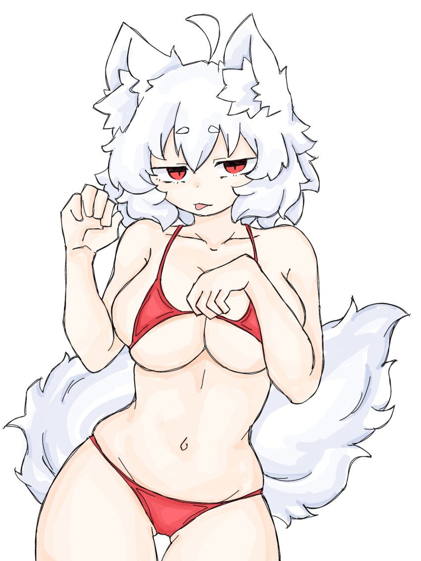 1girl ahoge animal_ear_fluff animal_ears bikini bikini_pull bikini_top_pull clothes_pull covering_breasts covering_privates cowboy_shot fumomono highres inubashiri_momiji messy_hair navel red_bikini red_eyes short_hair simple_background solo swimsuit tail tongue tongue_out touhou white_background wolf_ears wolf_girl wolf_tail