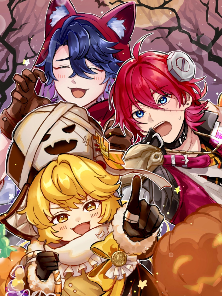 1girl 2boys :3 :d :o ^_^ ahoge animal_ears black_choker blonde_hair blue_eyes blue_hair blush brown_gloves choker claw_pose closed_eyes cosplay fake_animal_ears frankenstein frankenstein&#039;s_monster frankenstein&#039;s_monster_(cosplay) gloves hair_between_eyes halloween highres honkai:_star_rail honkai_(series) hook_(honkai:_star_rail) kyuui_(kyuuiharuto) luka_(honkai:_star_rail) multiple_boys object_through_head open_mouth pointing pointing_at_viewer red_hair red_hood sampo_koski screw_in_head smile stitched_face stitched_neck stitches sweatdrop wolf_ears yellow_eyes